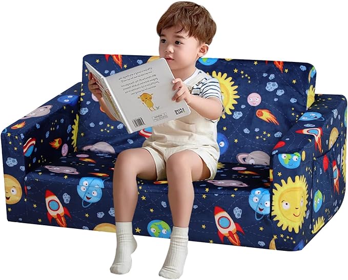 Foam Kid Sofa Couch, 2 in 1 Convertible Sofa to Bed for Baby,Velvet Toddler Sofa Chair with Side Pocket for Kid Playing (W29.92) (Blue)-NeatNest
