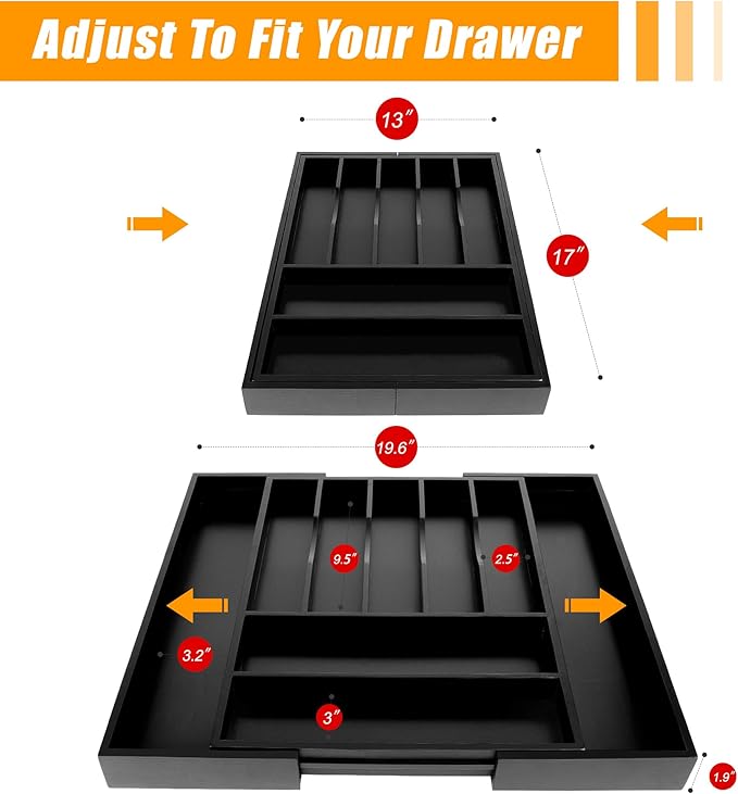 Bellsal Large Premium Bamboo Silverware Organizer - Expandable Utensil Drawer Organizer - 17"x19.6" Utensil Holder and Cutlery Tray with Grooved for Kitchen Flatware and Utensils(7-9 Slot, Black)-NeatNest