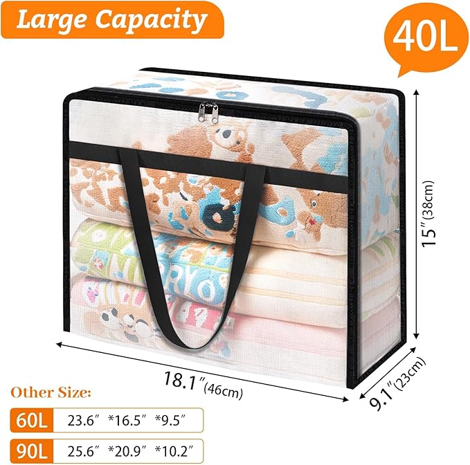 BlissTotes 4 Pack Clear Clothes Storage Bags, Under Bed Storage Containers, Foldable Blanket Storage Moving Bags with Sturdy Zipper and Handle for Clothing, Comforter, Bedding, Sheet (40L)-NeatNest