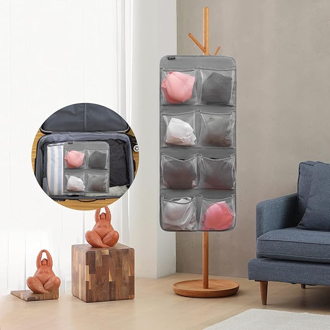 Dual-Sided Hanging Closet Organizer for Socks Underwear Bra Kids Storage Organizer for Baby Clothes Toddler Shoes with 26 Pockets (Grey-Mesh Pockets)-NeatNest