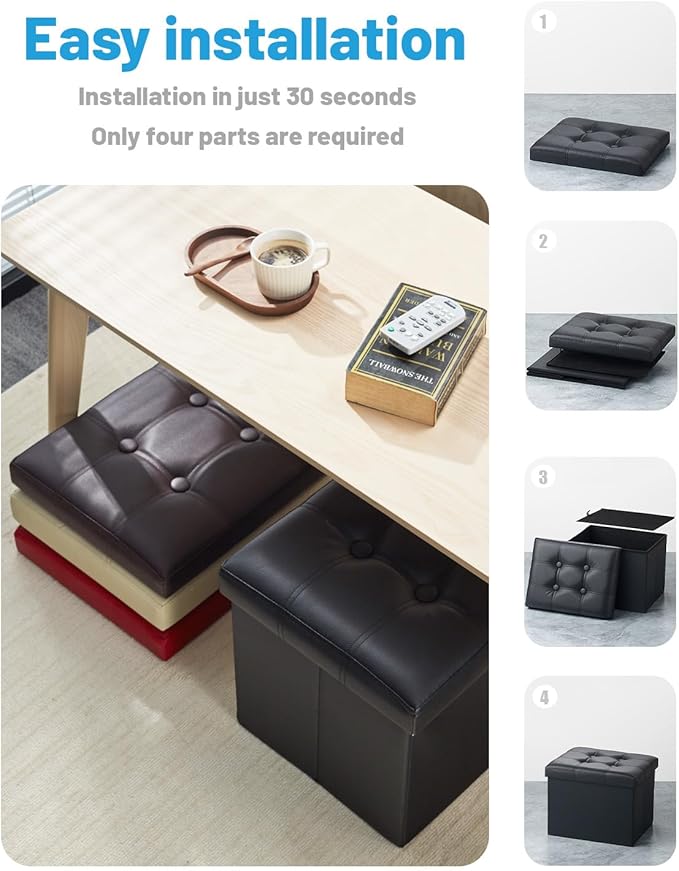 AmasSmile Storage Ottoman Folding Foot Rest Stool with Side Pocket, 16 inch Leather Footstool Bench, Short Ottoman Bench, Storage Foot Rest Store, Books, Black-NeatNest