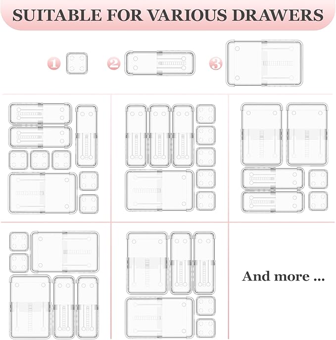 DILIBRA 16 Pcs Clear Extendable Drawer Organizer, Adjustable Drawer Storage 3-Size Desk Drawer Organizer, Plastic Non-Slip Storage Bins for Makeup, Cosmetic, Jewelries, Utensils, Stationery, Dressers-NeatNest