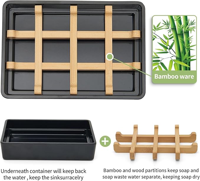 Bamboo Soap Dishes for Shower Wooden Soap Bar Holder for Bathroom Soap Tray Easy to Clean, Durable and with Non-Slip Pads(Two Black Squares)-NeatNest