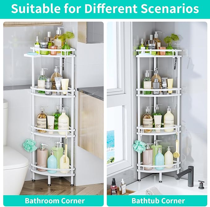 HapiRm Standing Corner Shower Caddy - 4 Tier Shower Organizer Corner with Soap Holder and 4 Hooks, Rustproof Bathroom Storage Shelves with Adhesives, White