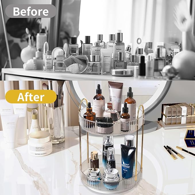 360 Rotating Makeup Organizer,2 Tier Large Capacity Make Up Organizers and Storage,Skincare Perfume Vanity Organizers,Bathroom Cosmetics Storage Organizer Countertop(Clear-2 Tier)-NeatNest