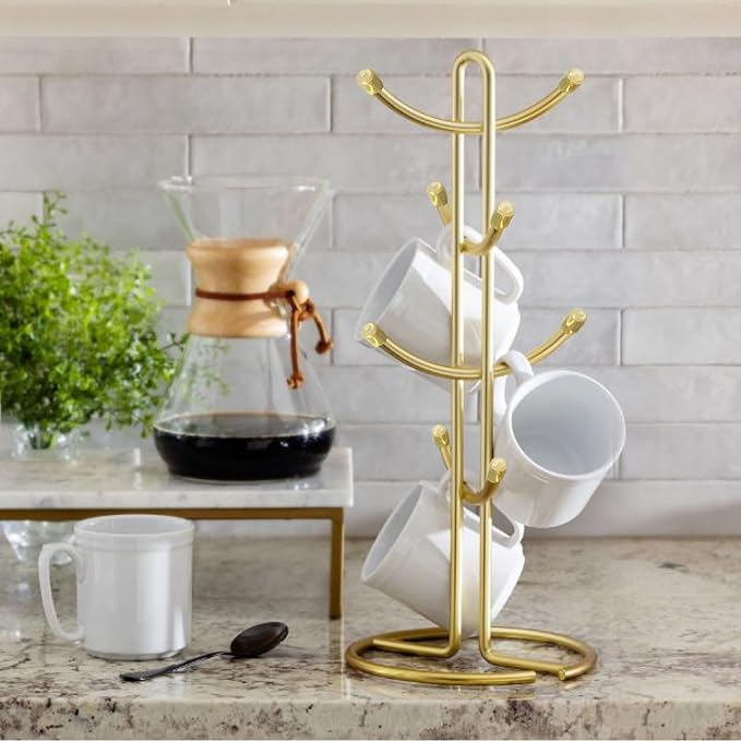 FitWell Coffee Mugs Holder, Mug Tree, Mug Organizer for Cabinet, Mugs Stand Rack, Coffee & Tea Cup Storage Rack (Gold, 8 Mugs Holder (17.5" H))-NeatNest