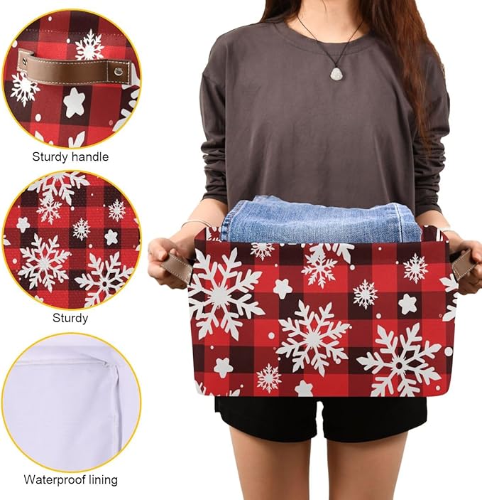 Black and White Checkered Snowflake Pattern Storage Basket,Large Storage Bin Fabric Collapsible Organizer Bag with Handles 15x11x9.5 inch-NeatNest