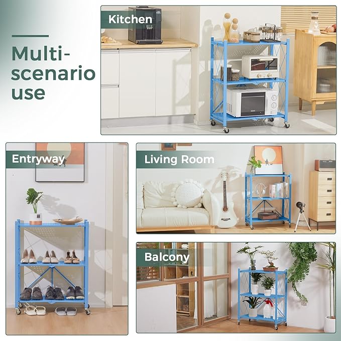 DEANIC 3 Tier Foldable Storage Shelves with Wheels, Kitchen Appliance Stand, Freestanding Metal Wire Shelf Rack, No Assembly Organizer Rolling Cart for Garage, Basement, Pantry(Blue)