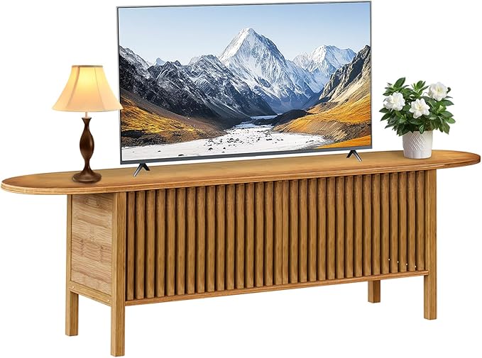 Bamboo TV Stand for TVs up to 65", Accent Entertainment Center with Storage, Media Console Table with Fence Door, Modern TV Stand for Living Room, Bedroom, 55"(L), Walnut-NeatNest
