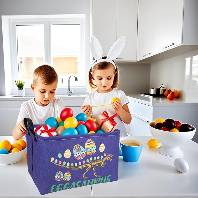 Dinosaur Easter Basket for Kid Large Empty Baby Rectangular Cute Easter Gift Bunny Eggs Décor Storage Basket (Skeleton Dinosaur)-NeatNest