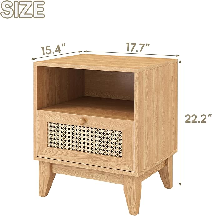 Oak Rattan Nightstands Set of 2 Rustic Bedside Tables with Storage Drawer and Opening Shelf for Bedroom Farmhouse Wood End Tables of 2 for Living Room