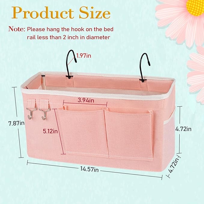 Bedside Storage Caddy/Bedside Hanging Storage Bag for Headboards Bunk Beds Dorm Rooms Book Phone Magazine Holder (Light Pink)-NeatNest