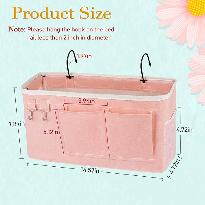 Bedside Storage Caddy/Bedside Hanging Storage Bag for Headboards Bunk Beds Dorm Rooms Book Phone Magazine Holder (2PC Light Pink)-NeatNest