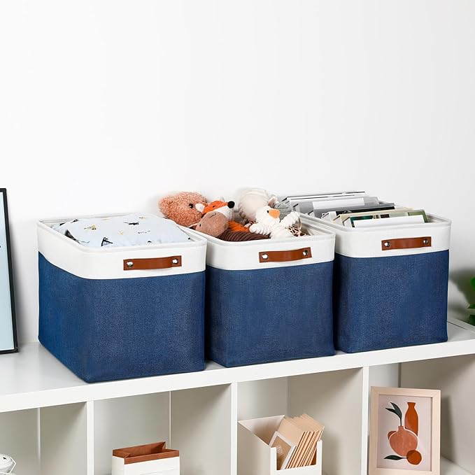 DULLEMELO Large Storage Baskets, Fabric Storage Bins for Organizing Foldable Linen Shelf Baskets for Clothes, Toys, Closet, Laundry (White&Blue,16"x12"x12"-1 Pack)-NeatNest
