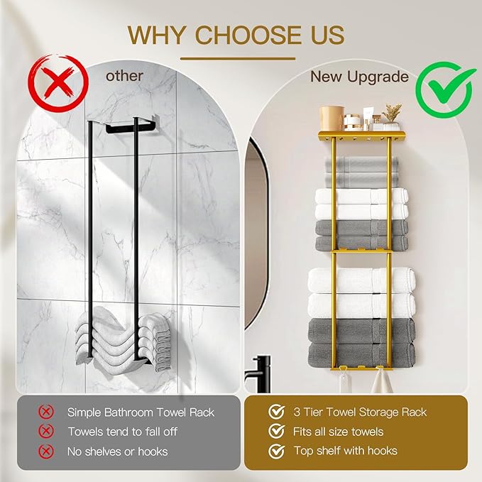 Towel Racks for Bathroom, 3 Tier Metal Towel Holder, with Shelf & 6 Hooks, 29 inch Wall Mounted Towel Storage, 6 Large Bath Towels Capacity,Small Bathroom Towel Rack for Rolled Towels, Gold