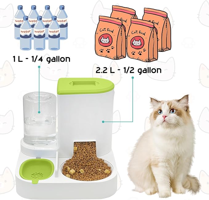 Fhiny Gravity Cat Feeder and Water Dispenser, 2 in 1 Automatic Pet Waterer Detachable Stainless Steel Food Bowls Set Pet Food Storage for Small Dog Puppy Cat Kitten Pet Easy Clean (Green)-NeatNest