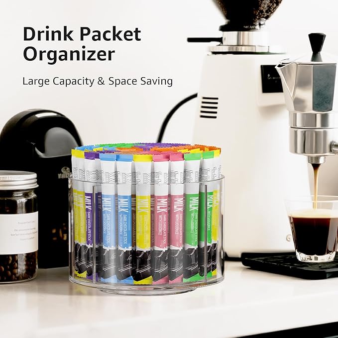 Divided Drink Packet Organizer, Rotating Turntable Organizer, Clear Lazy Susan for Powdered Drink Mix, Water Drink Packet Holder-NeatNest