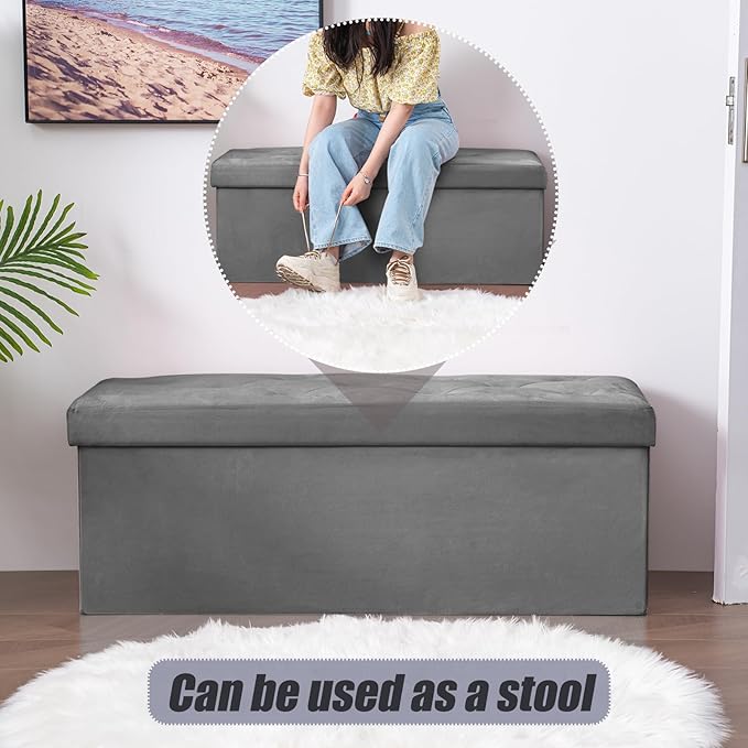BRIAN & DANY 43 Inches Folding Storage Ottoman Bench, Velvet Ottoman with Storage for Living Room, Long Shoes Bench,Flannelette Footrest Benches Seat (Grey)-NeatNest