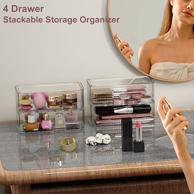 4 Pack Stackable Storage Drawers, Clear Acrylic Makeup Organizer for Vanity, Plastic Storage Bins, Multi-Purpose Cosmetic Display Organizers for Jewelry, Bathroom, Office, Pantry, Home Organization-NeatNest