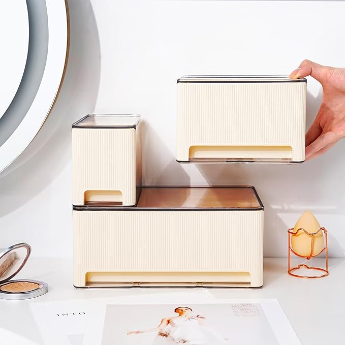 Stackable Makeup Organizer, 3 Pack Plastic Drawer Storage with Handle for Vanity Bathroom Countertop, Cream-NeatNest