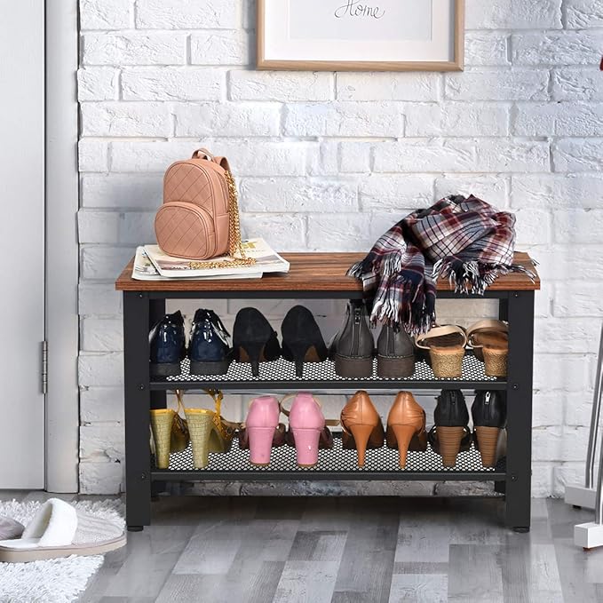 Giantex 3-Tier Shoe Rack Bench, Industrial Shoe Bench with 2 Mesh Storage Shelves & Seat for Entryway, Front Door, Garage Shoe Storage (Rustic Brown)