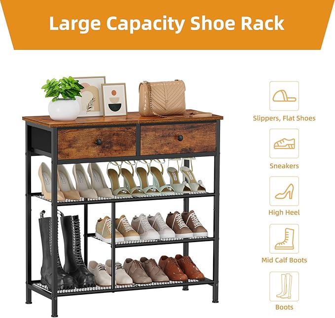 Snughome Shoe Rack for Entryway, 4 Tier Shoe Organizer with 2 Non-Woven Drawers, Shoe Storage Shelves with Sturdy Wooden Top and Metal Shelves, Shoe Stand for Closet-NeatNest