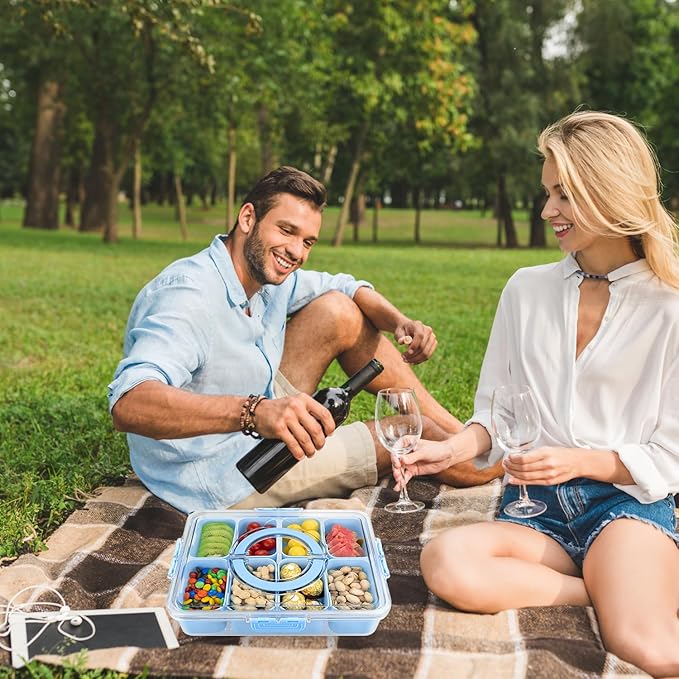 Divided Serving Tray with Lid and Handle,8 Compartments Snacks Box,Snack Fruit Veggie Tray,Portable Platter for Candy Fruits Nuts Snack Party Entertaining Picnic (2PCS Blue)-NeatNest