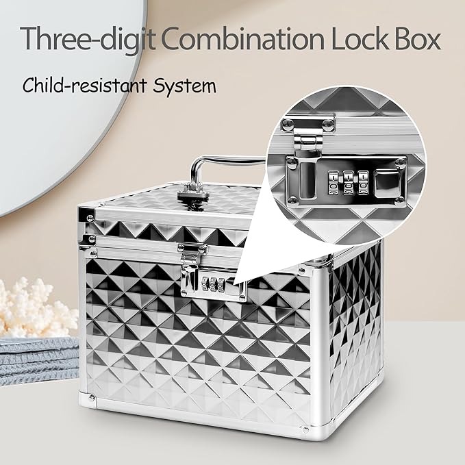 Medication Combination Lock Boxes with Code for Personal Items, Medicine Lockbox for Documents 10 x 7.25 x 7.75 Inches Plaid Silver