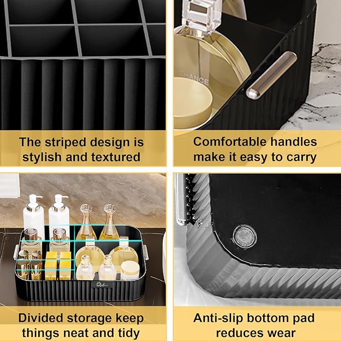 DASITON Large Capacity Makeup Organizer,12 Slots Makeup Brush Holder,Makeup Storage with Handle,Vintage Striped Cosmetic Organizer for Bathroom Countertops,Desk Storage Container(Black)-NeatNest