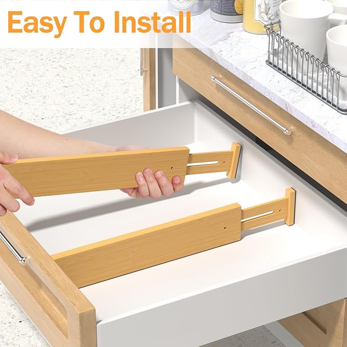 BAMBUROBA Bamboo Drawer Dividers, Adjustable Kitchen Drawer Organizer for Clothes,17-22" Expandable Drawer Organization Separators for Bedroom,Bathroom,Dresser and Office,6-Pack-NeatNest