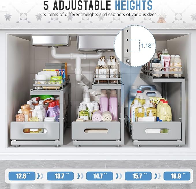 2 Pack Under Sink Organizer Upgrade to Professional Rails,2-Tier Dual Pull Out Cabinet Storage,Height Adjustable Slide Out Drawers for Bathroom Kitchen,Under Sink Shelf-Gun Gray-NeatNest