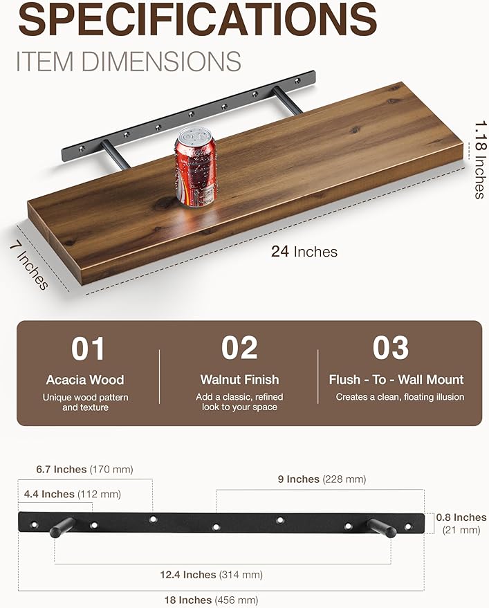 BATODA Set of 2 24" Acacia Floating Shelves for Wall – Rustic Farmhouse Wood Floating Shelf - Book Shelf for Wall & House Décor - DIY Floating Book Shelves - with Brackets & Hardware (Walnut Color)-NeatNest