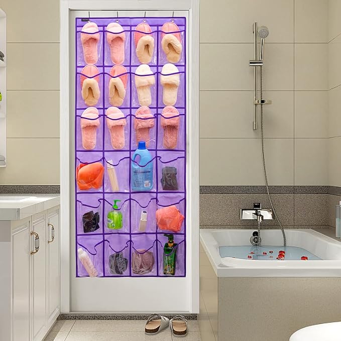 Modern Over the Door Shoe Rack Organizer with 24 Clear PVC Pockets, Purple-NeatNest