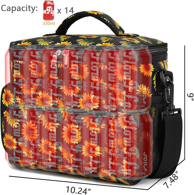 FlowFly Insulated Reusable Lunch Bag Adult Large Lunch Box for Women and Men with Adjustable Shoulder Strap,Front Zipper Pocket and Dual Large Mesh Side Pockets,Sunflower-NeatNest