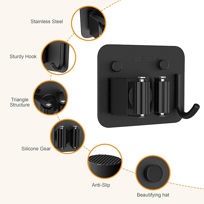 4 Pack Stainless Steel Broom Holder Wall Mount with Hook, Screw Drilling Broom and Mop Organizer Wall Hanging, Heavy Duty Storage Rack for Laundry Garage Closet Garden Tool Organizer, Black-NeatNest