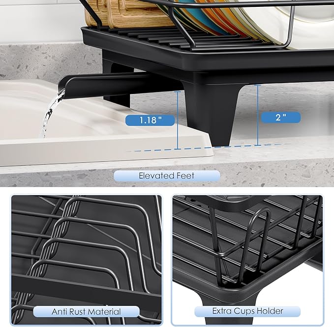 Dish Drainers for Kitchen Counter - Large Capacity Dish Drying Rack with Drainboard, Rustproof & Sturdy Design, Black Dish Rack Perfect for Plates, Cups & Kitchen Countertop Organization