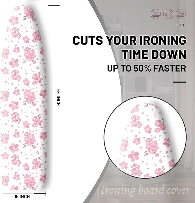 Extra Thick Ironing Board Cover and Pad, Cherry Blossoms 15x54 Ironing Board Cover, Resist Scorching and Staining,Elastic Edges,Pink Floral Leaves Spring Flower White