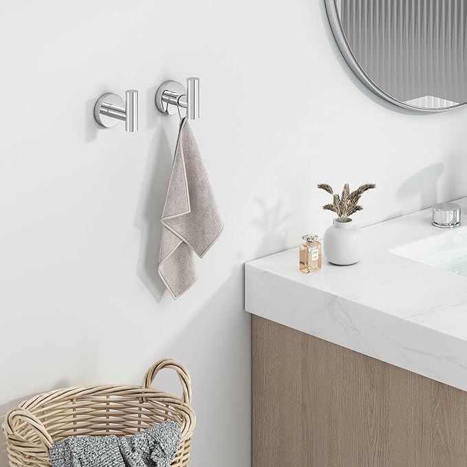 Bath Towel Hook 2 PCS, Angel Simple SUS304 Stainless Steel Kitchen Bathroom Towel Holder, Round Robe Hook Wall Mounted, Polished Chrome