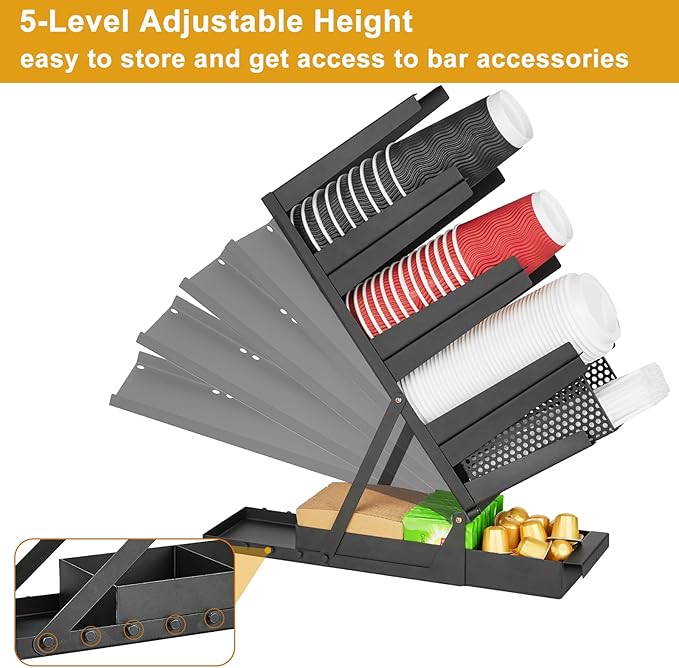 Coffee Cup Dispenser, Cup and Lid Holder for Countertop, 5 Compartment All Metal Paper Cups Lids Straw Pods Sleeves Holder, Coffee Station Bar Organizer