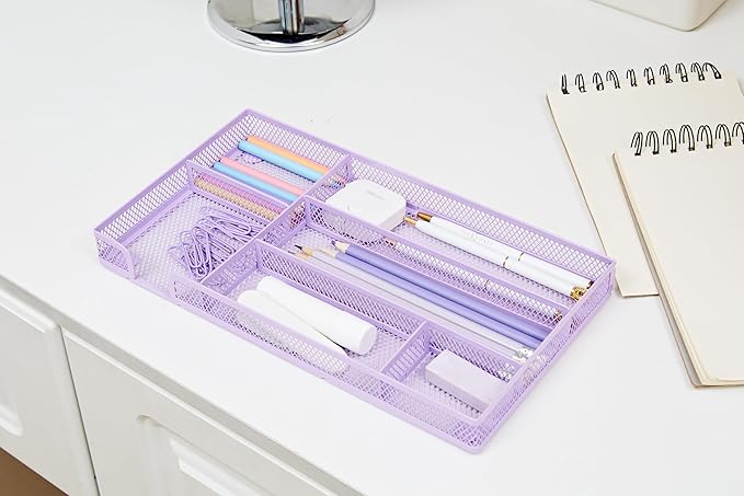 Annova Desk Drawer Organizer/Storage Tray - Metal Mesh with Dividers for Pens, Desktop Accessories, Bathroom, Kitchen, Makeup and Office Supplies (Small, Light Purple)-NeatNest