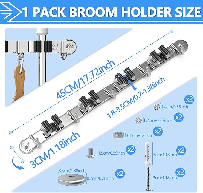3-H Magnetic Broom Holder Wall Mounted 1 Pack, Strong Magnetic Broom Hooks 17 Inch, Heavy Duty Magnet Broom Organizer Wall Mounted, Utility Storage Tools Rack for Home Kitchen Workshop Laundry Garage