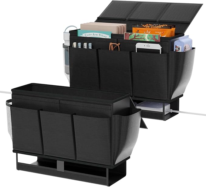 Bedside Caddy, Bed Organizer with 11 Pockets and Power Strip Holder,Versatile Bedside Storage Caddy for Home,Dorm,Bunk,Hospital,Crib Bed (2 Pack Black)-NeatNest