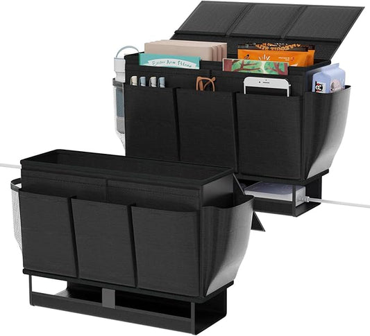 Bedside Caddy, Bed Organizer with 11 Pockets and Power Strip Holder,Versatile Bedside Storage Caddy for Home,Dorm,Bunk,Hospital,Crib Bed (2 Pack Black)-NeatNest