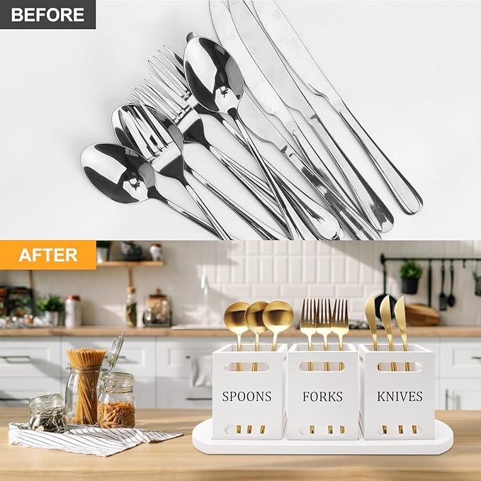 Ayiaren Wooden Flatware Silverware Caddy White Cutlery Holder with Wood Tray Utensils Holder for Kitchen Counter Wood Silverware Organizer for Table Countertop Knife Fork and Spoon Holder for Party-NeatNest