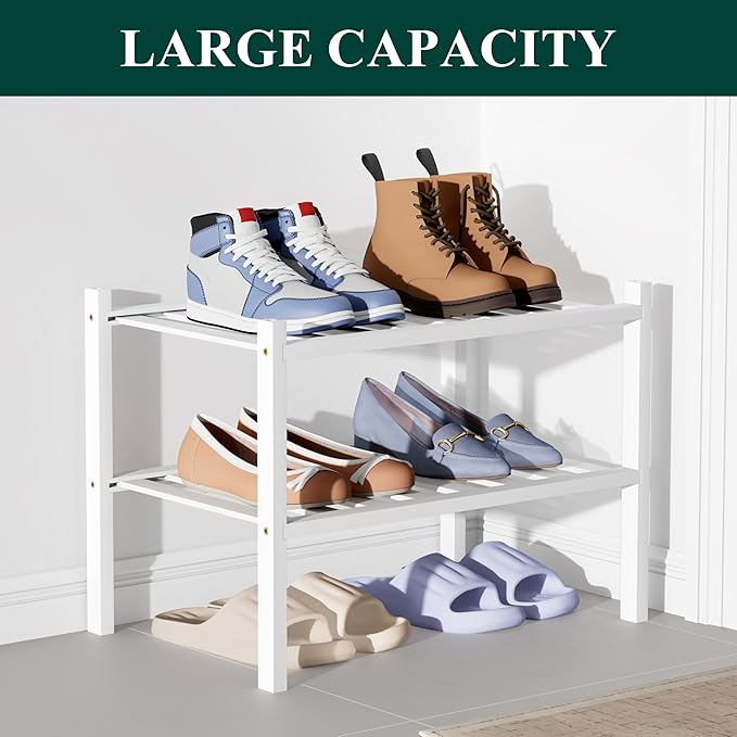 Smiry Bamboo Shoe Rack for Closet, 2 Tier Small Wooden Stackable Shoe Organizer, Free Standing Shoes Storage Shelf for Entryway, Front Door Entrance, White-NeatNest