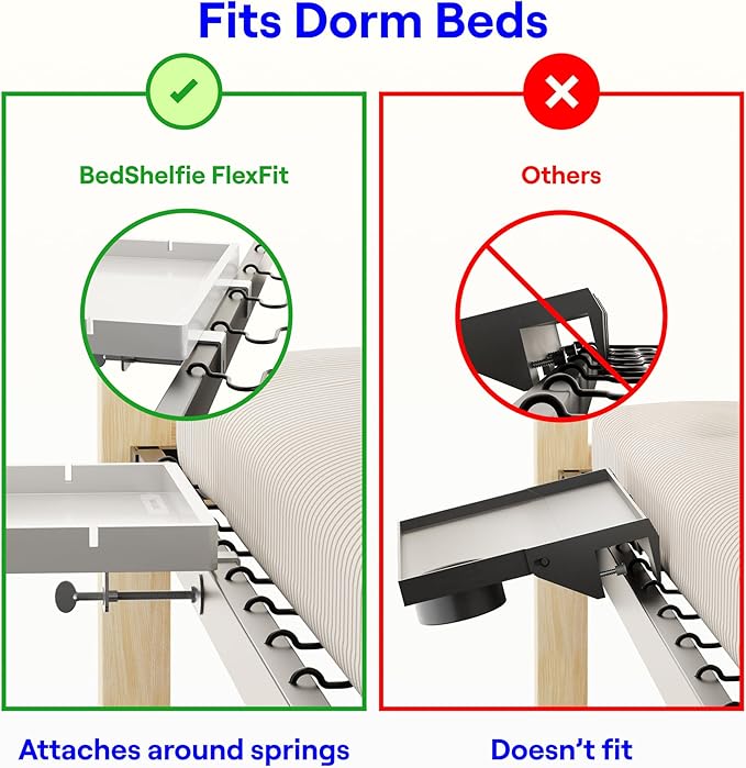 BedShelfie Bedside Shelf for Bunk Bed & Top Bunk, College Dorm Room Essentials, Loft Nightstand, Floating Bed Side Table Tray Storage, Dorm Room Decor by Smallish - (Flexfit Model, White)-NeatNest