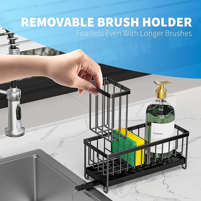 Cisily Black Sponge Holder for Kitchen Sink, Sink Caddy Organizer with High Brush Holder, Kitchen Countertop Organizers and Storage Essentials, Rustproof 304 Stainless Steel, Soap Dispenser Organize-NeatNest