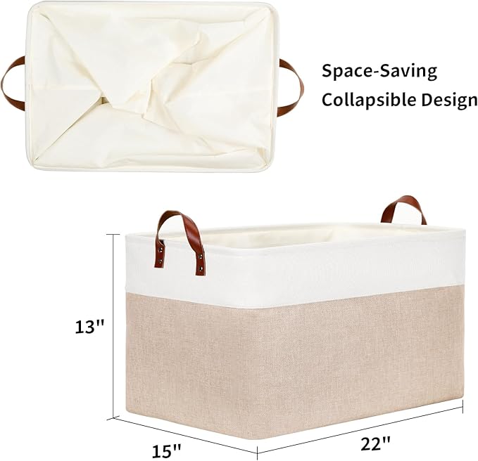 DULLEMELO 70L Extra Large Storage Bin, 22" x 15" x 13" Oversized Storage Basket, Collapsible Storage Box, Fabric Clothes Toys Blanket Basket for Shelves, Laundry, Nursery (White&Khaki)-NeatNest