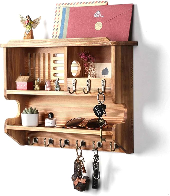 Key Holder for Wall, Mail and Key Holder for Home Decor, Key and Mail Holder for Wall with Key Hooks, Brown