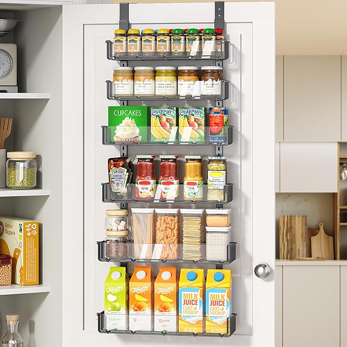 Delamu Adjustable Over the Door Pantry Organizer with Clear Acrylic Panel, 6-Tier Pantry Organization and Storage for Kitchen, Hanging Spice Rack Seasoning Shelves for Cabinet, Easy Install, Black-NeatNest